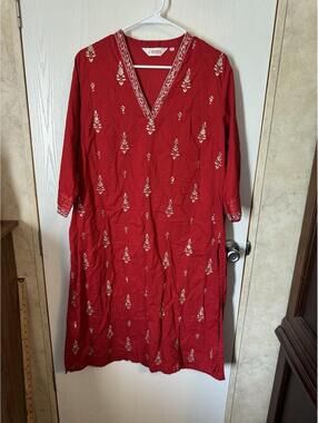 BIBA Women's Size 42 Indian Kurta Tunic Top Red Floral 3/4 Sleeve Sitara Work